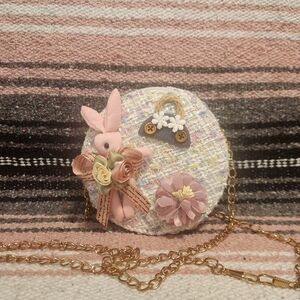 Chic Round Tweed Crossbody Bag with Floral and Bunny Accents